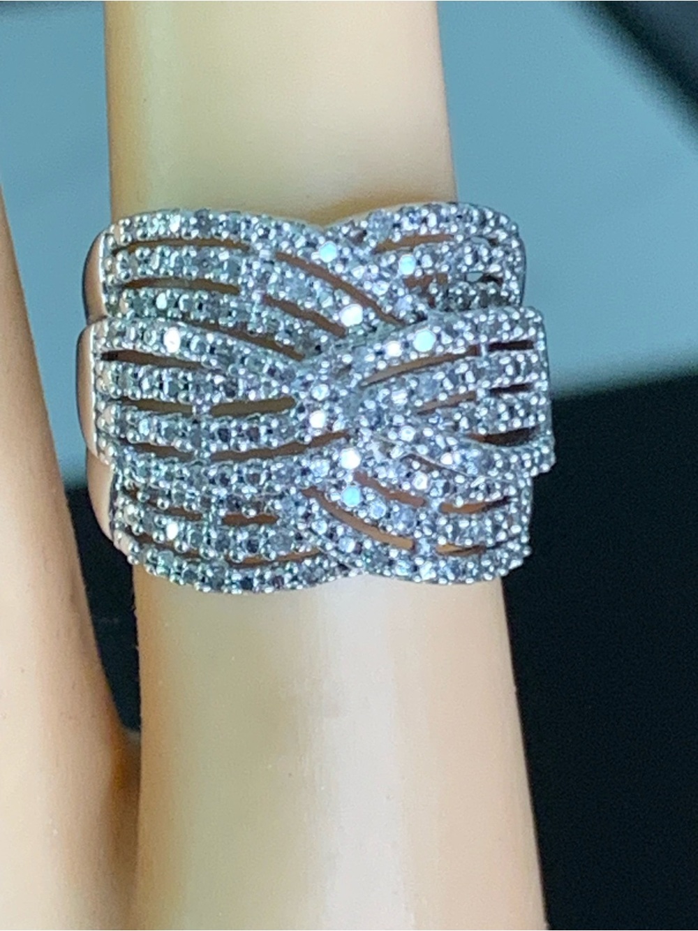 SUN Sterling Silver 925 Diamond Accented Crossover Statement Band Ring Sz: 7.1/2